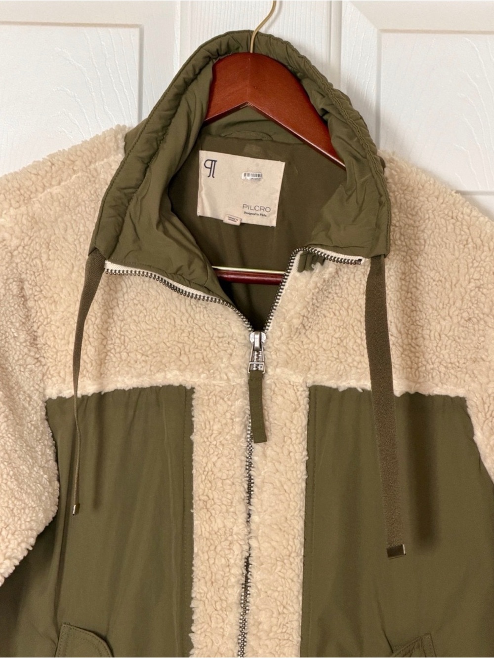 Anthropologie Pilcro Sherpa Fleece Jacket Small Cream Olive Colorblock Utility - Picture 5 of 15